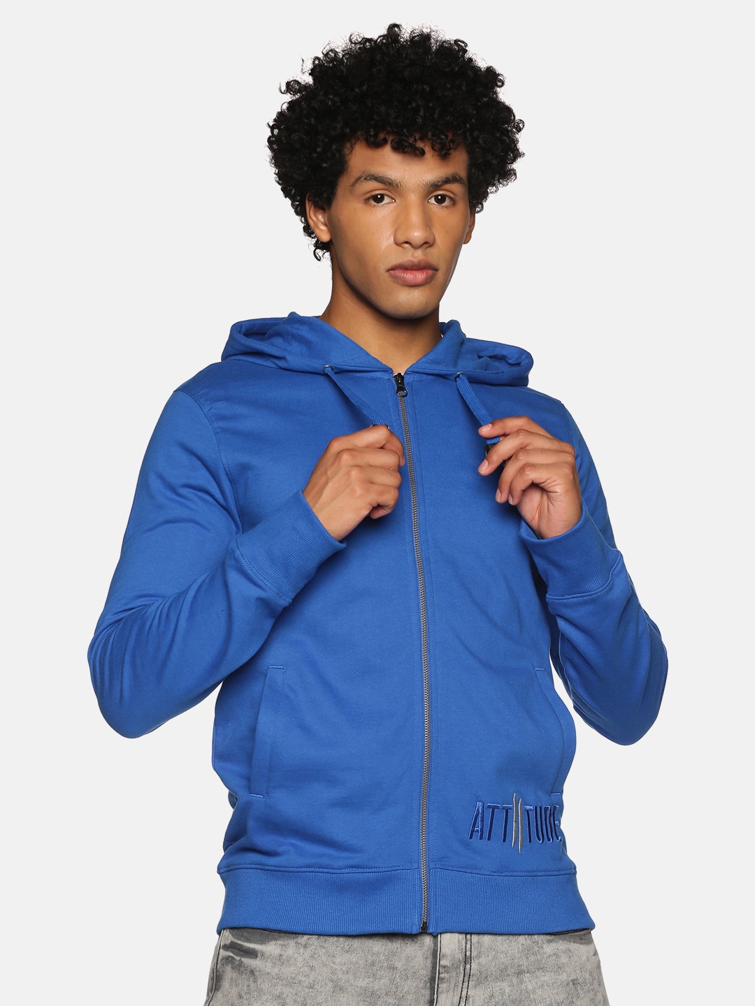 

ATTIITUDE Men Blue Hooded Pure Cotton Sweatshirt