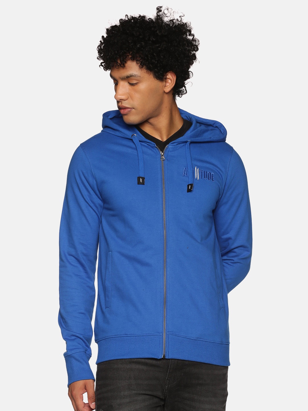 

ATTIITUDE Men Blue Hooded Pure Cotton Sweatshirt