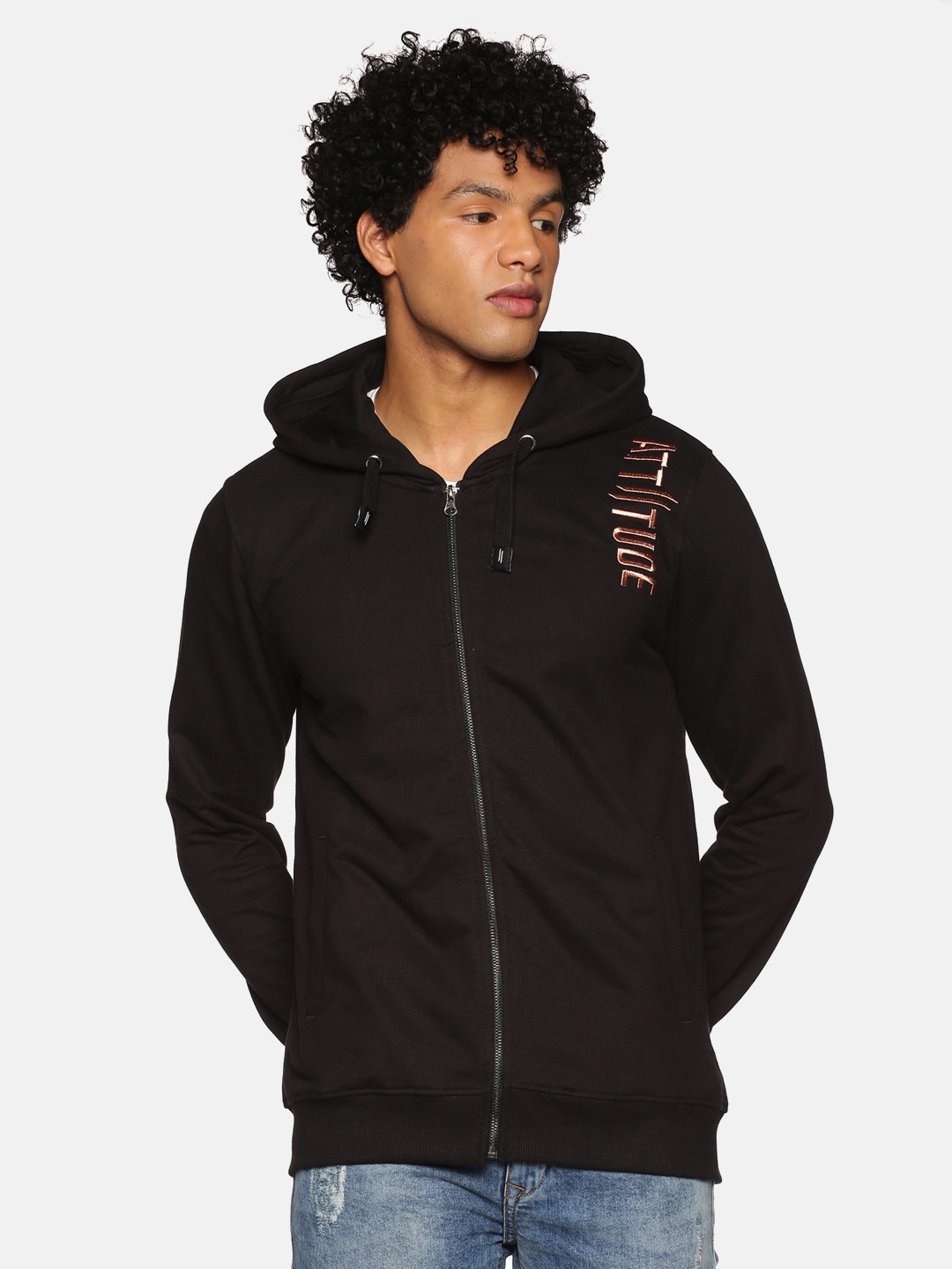 

ATTIITUDE Men Black Hooded Cotton Embroidered Sweatshirt