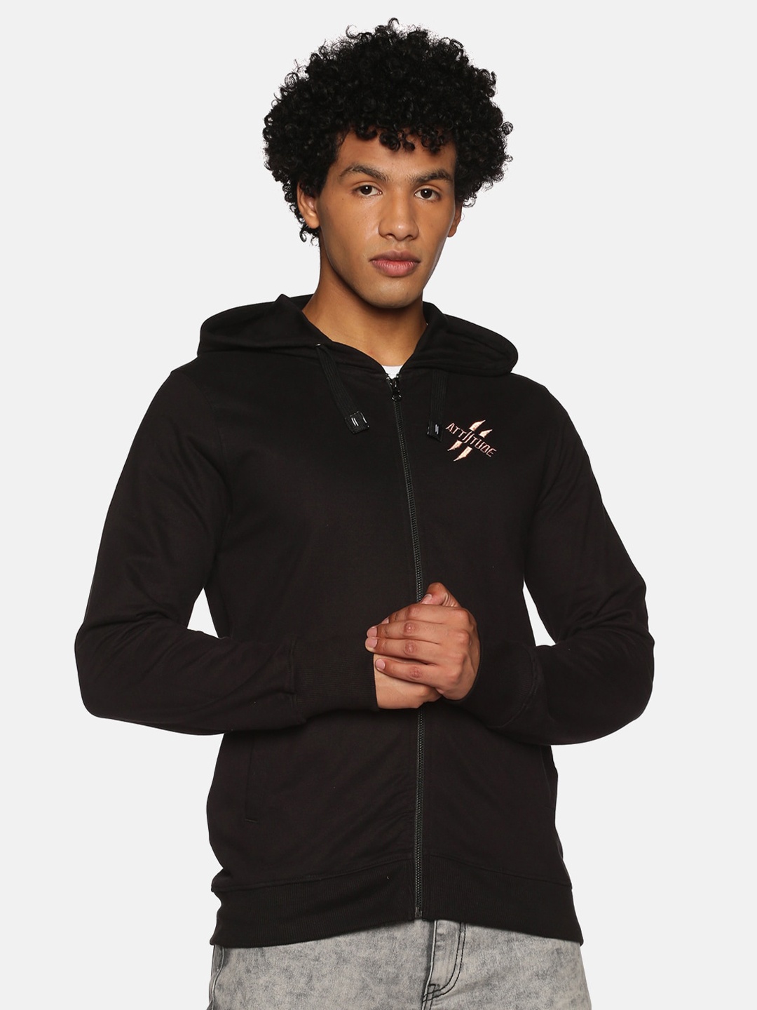 

ATTIITUDE Men Black Hooded Pure Cotton Sweatshirt