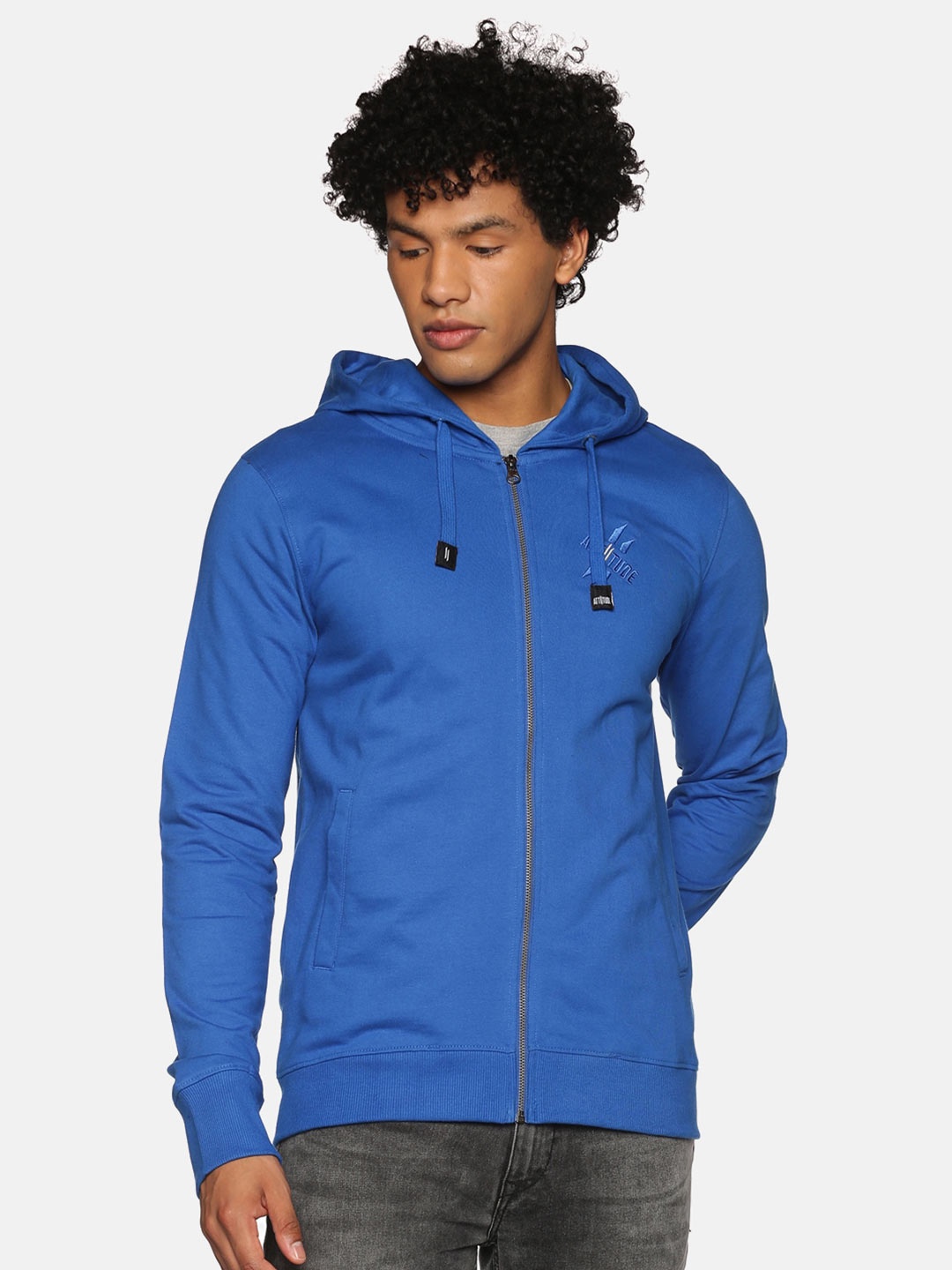 

ATTIITUDE Men Blue Hooded Cotton Sweatshirt