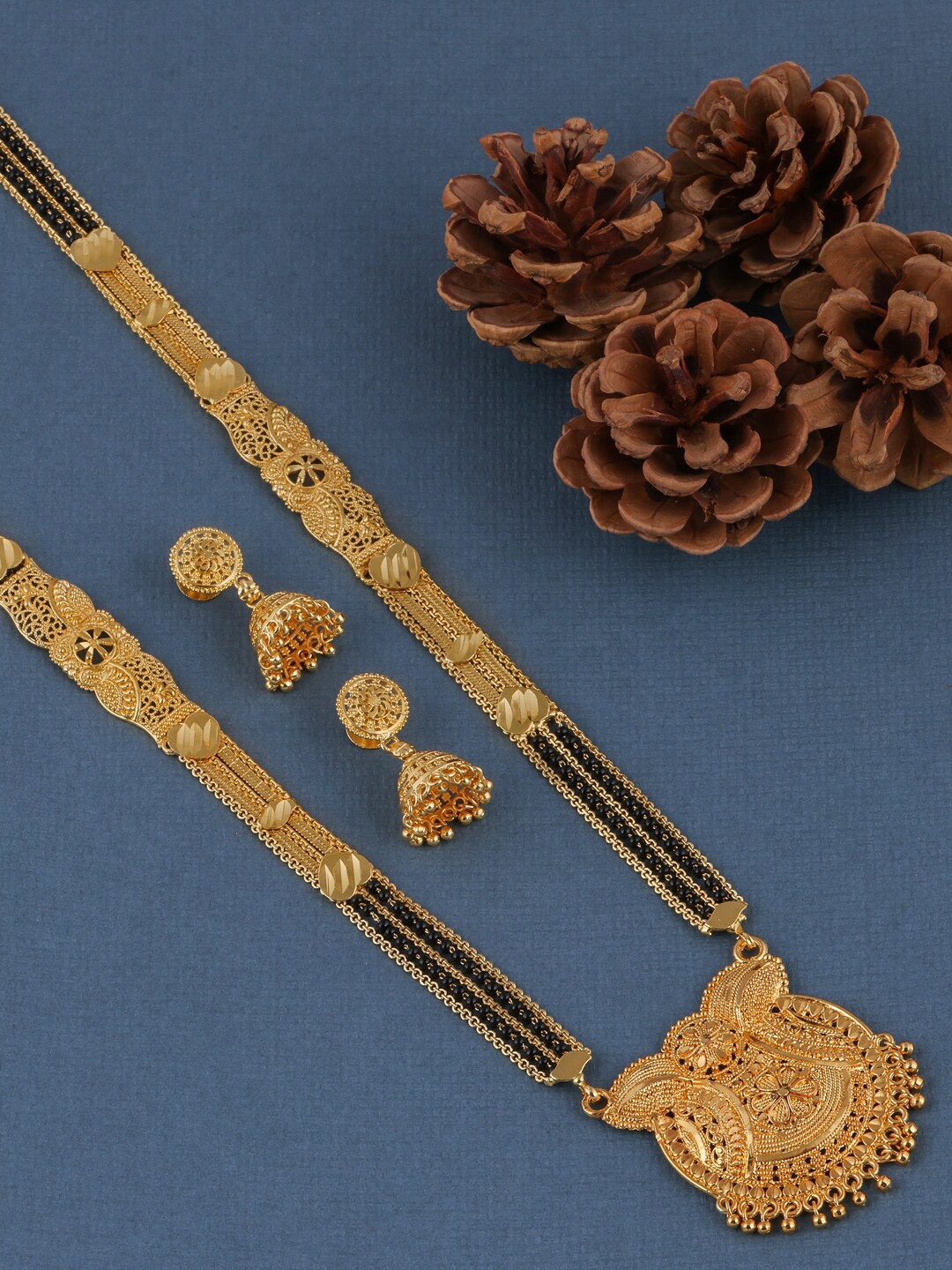 

Brandsoon Gold-Plated & Black Beaded Mangalsutra With Earring Set