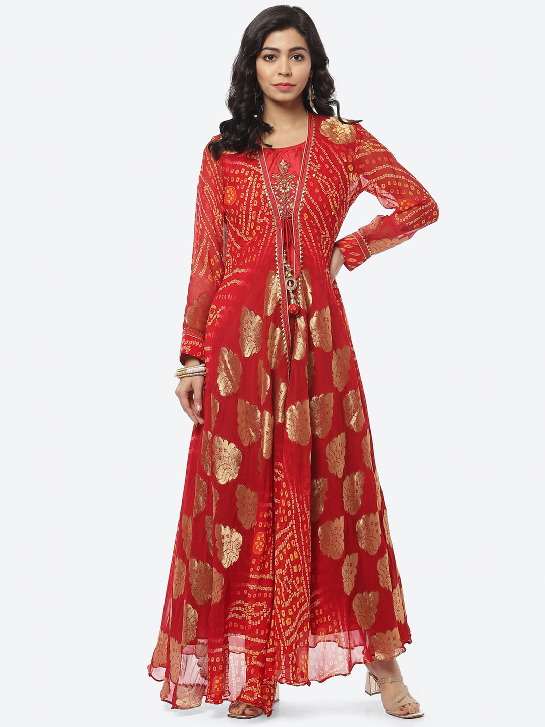 

Meena Bazaar Red & Golden Embroidered Ethnic Fit & Flare Maxi Dress With Bandhani Jacket