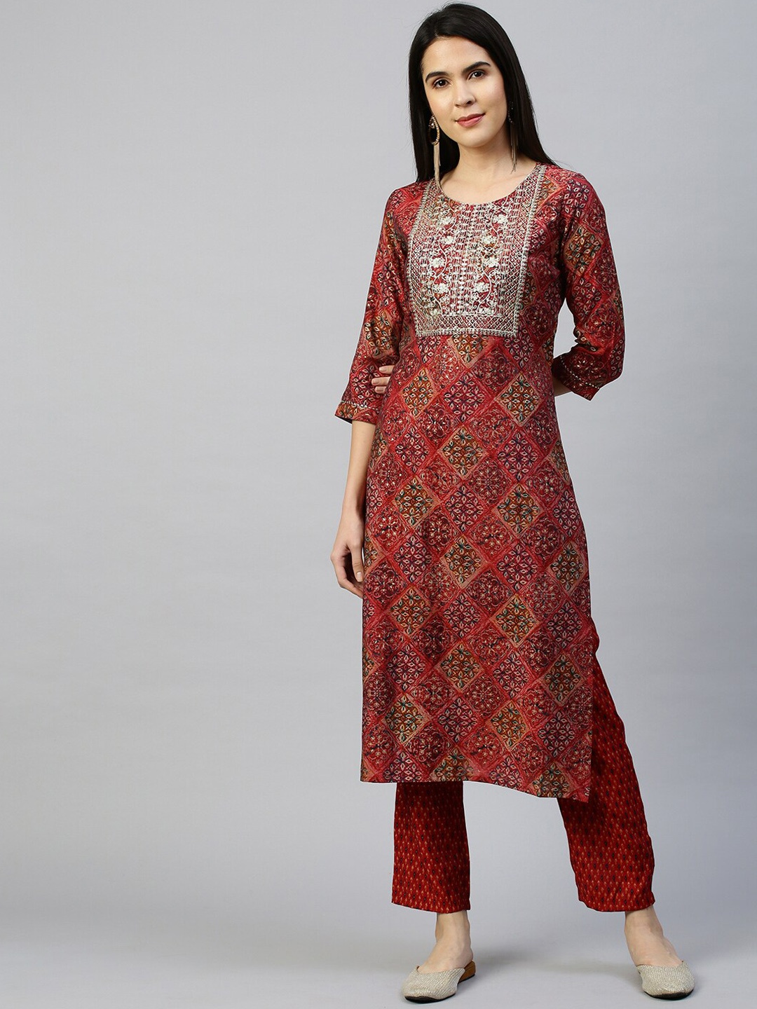 

FASHOR Women Red Embroidered Kurta with Trousers