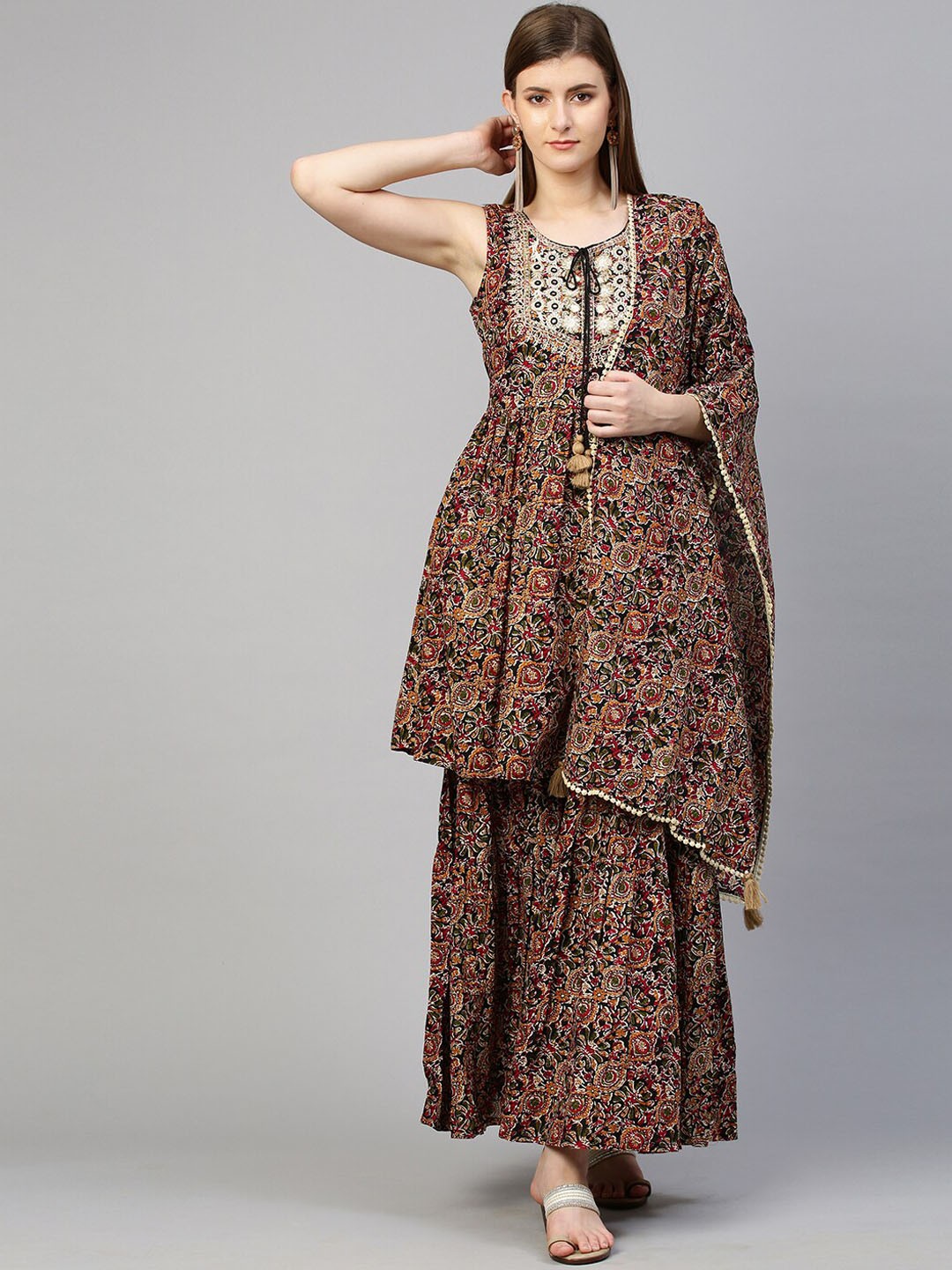 

FASHOR Women Black Paisley Printed Mirror Work Pure Cotton Kurti with Skirt