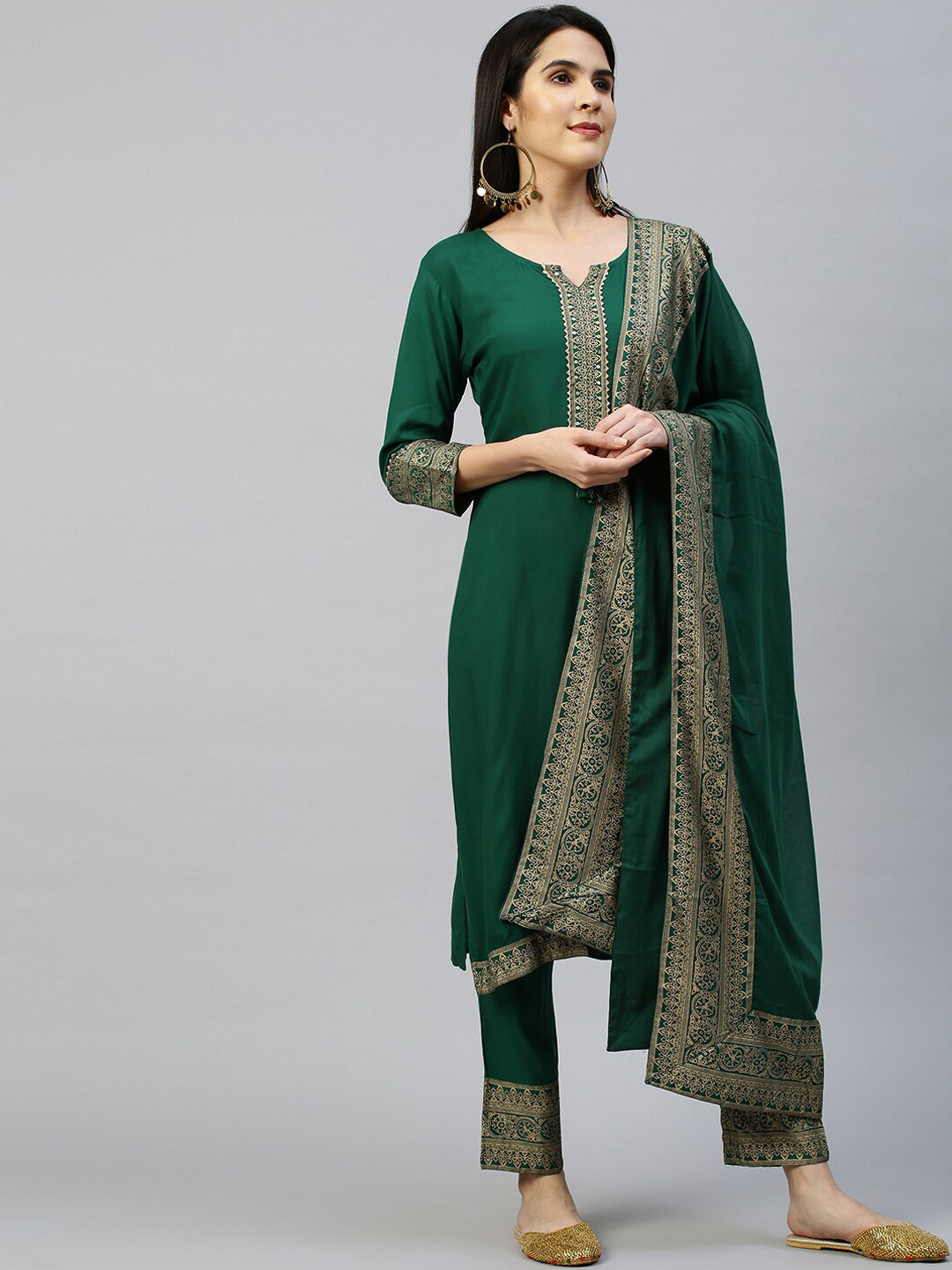 

FASHOR Women Green Ethnic Motifs Printed Yoke Design Kurti Set With Dupatta