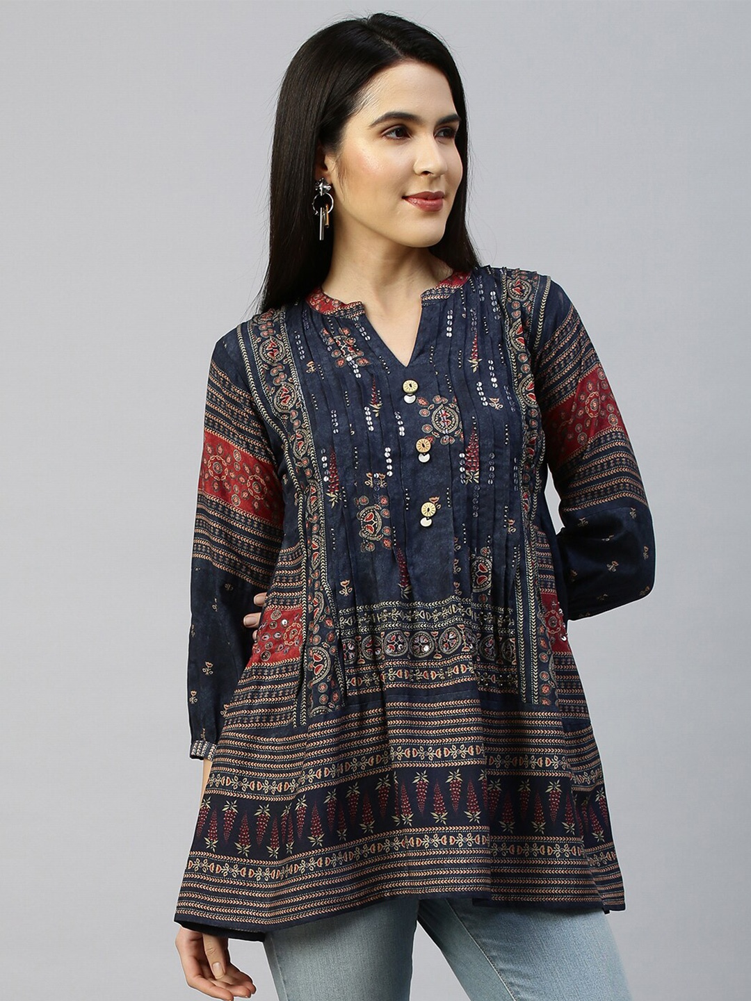 

FASHOR Navy Blue & Brick Red Ethnic Motifs Printed Sequinned Pleated Kurti