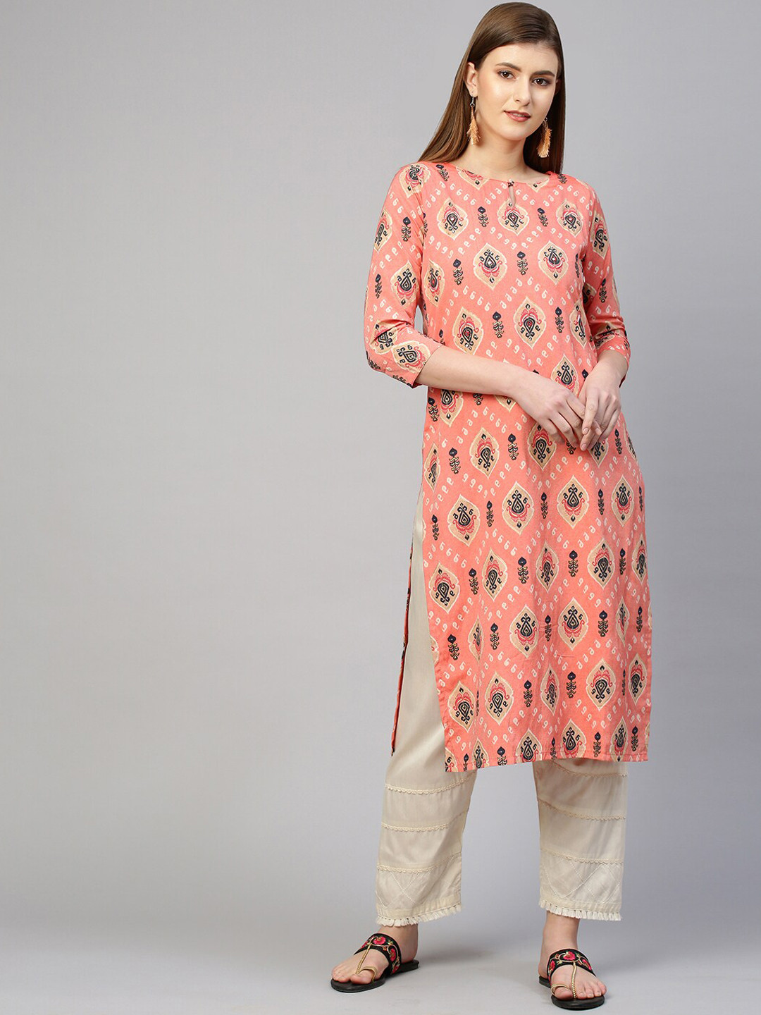 

FASHOR Women Peach-Coloured & Black Ethnic Motifs Printed Kurta