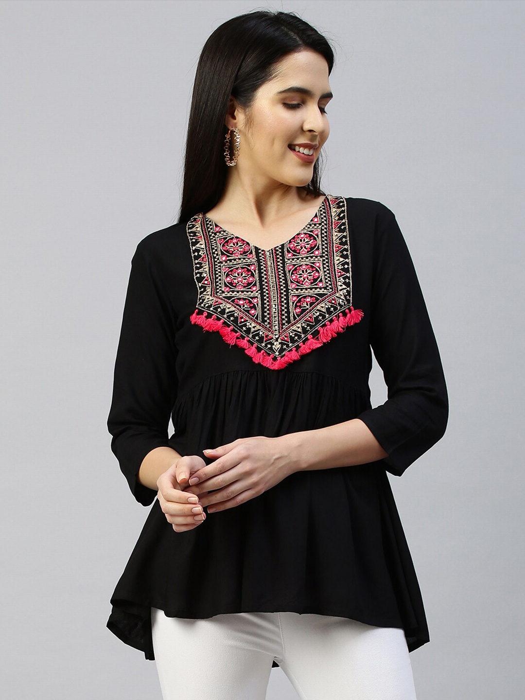 

FASHOR Women Black & Pink Embroidered Thread Work Kurti