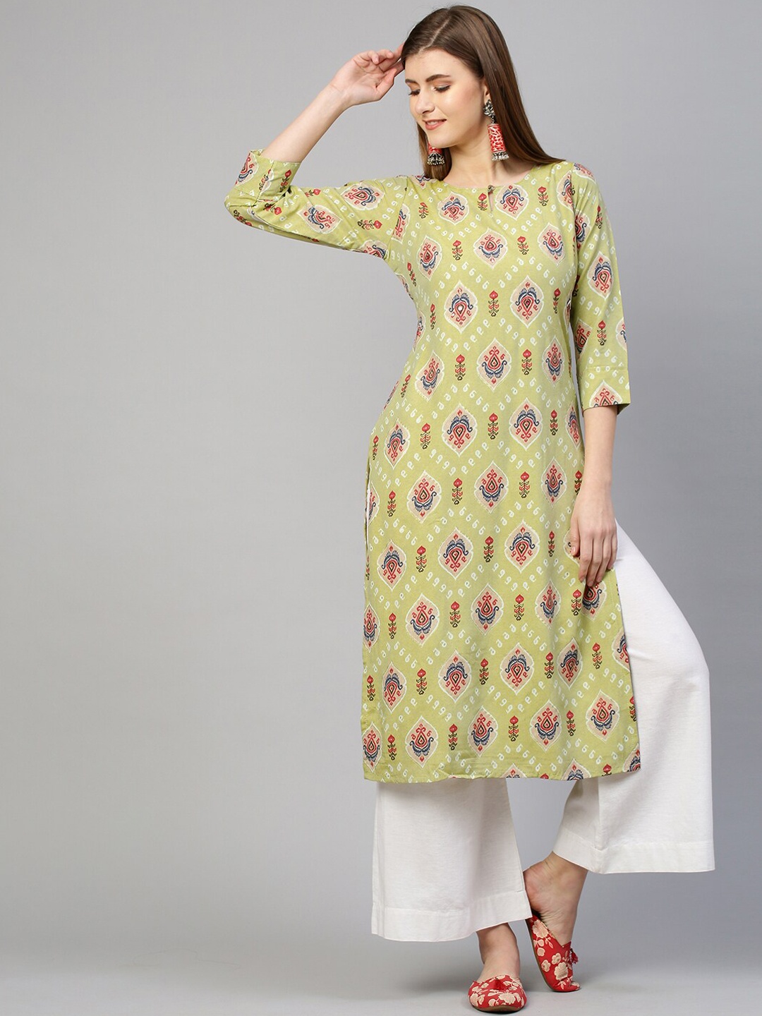 

FASHOR Women Green Ethnic Motifs Printed Keyhole Neck Kurta