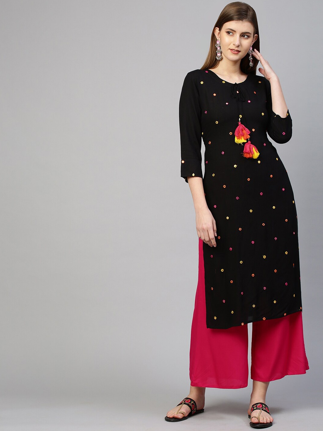 

FASHOR Women Black Mirror Work Embroidered Kurta