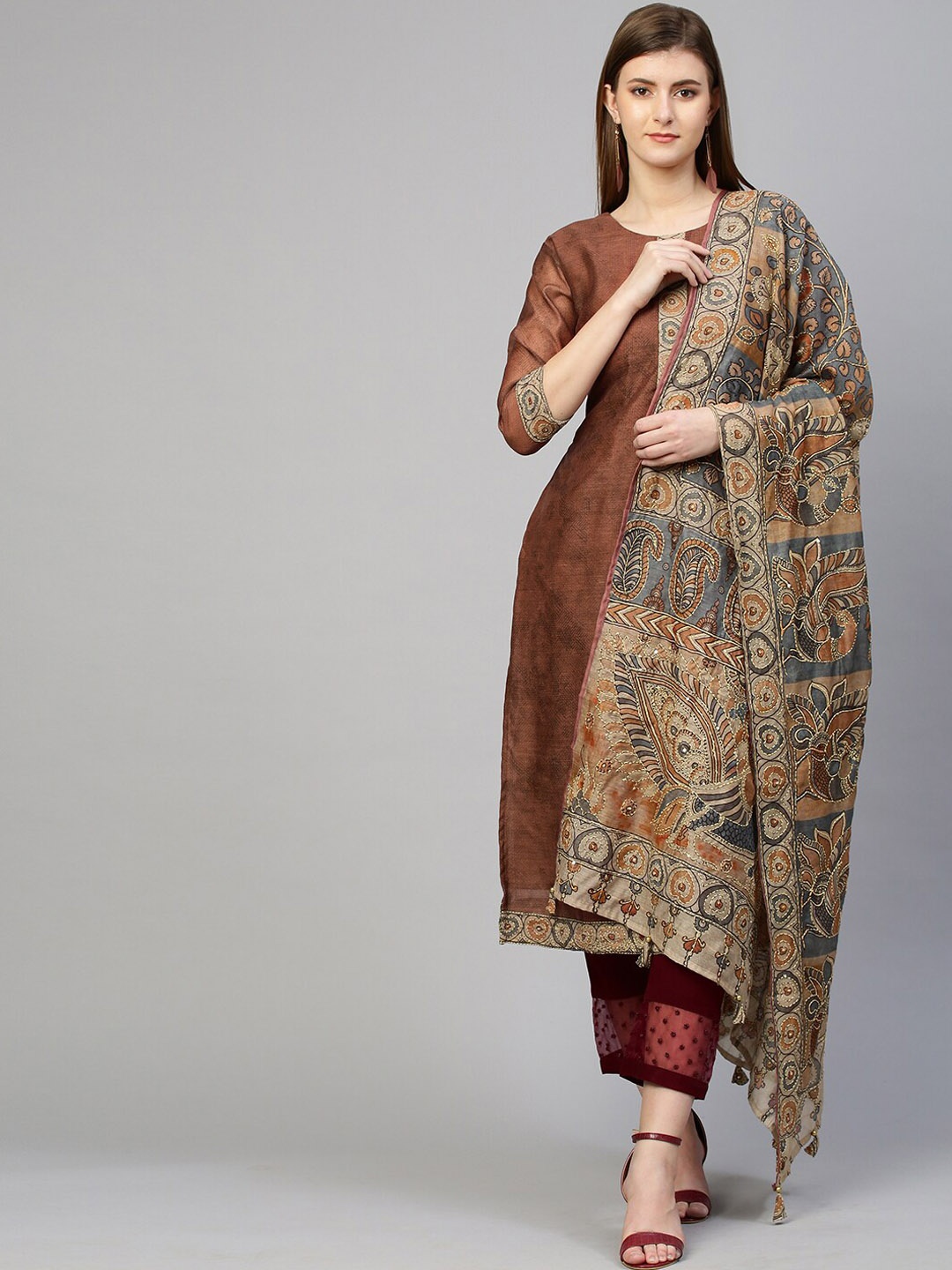 

FASHOR Women Rust Ethnic Motifs Printed Chanderi Silk Chanderi Silk Anarkali Kurta
