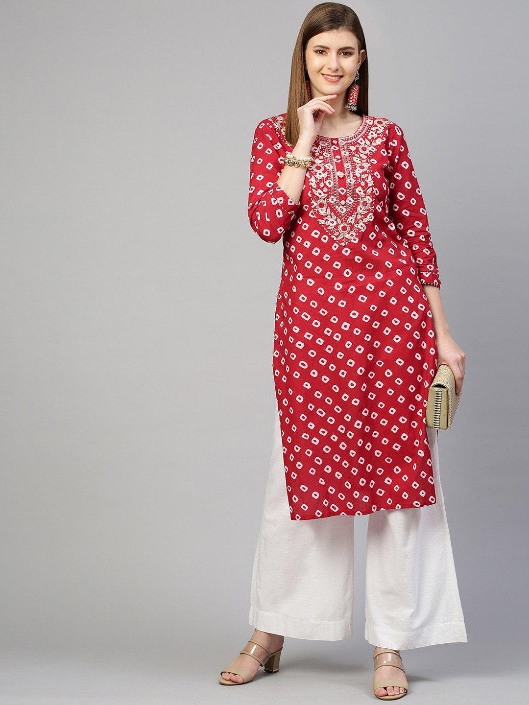 

FASHOR Women Red Bandhani Printed Thread Work Kurta