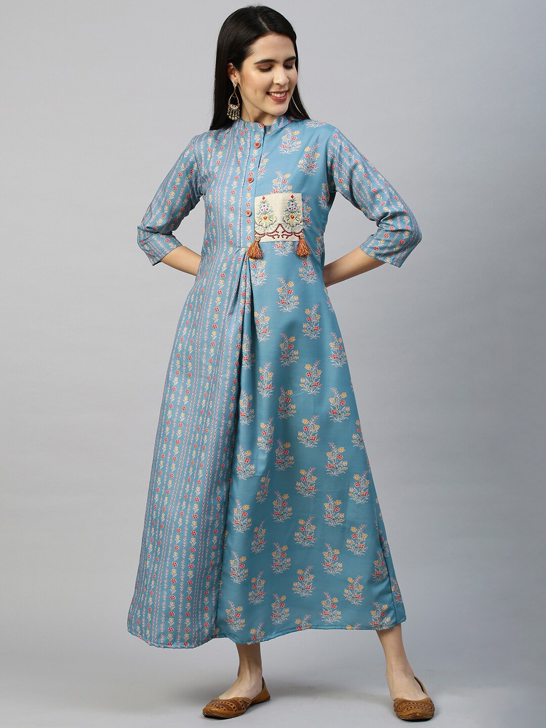 

FASHOR Blue Ethnic Motifs Printed Ethnic Maxi Dress
