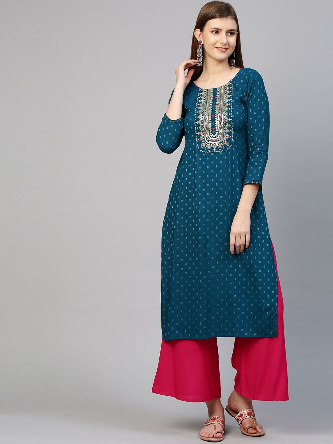 

FASHOR Women Teal Geometric Printed Kurta
