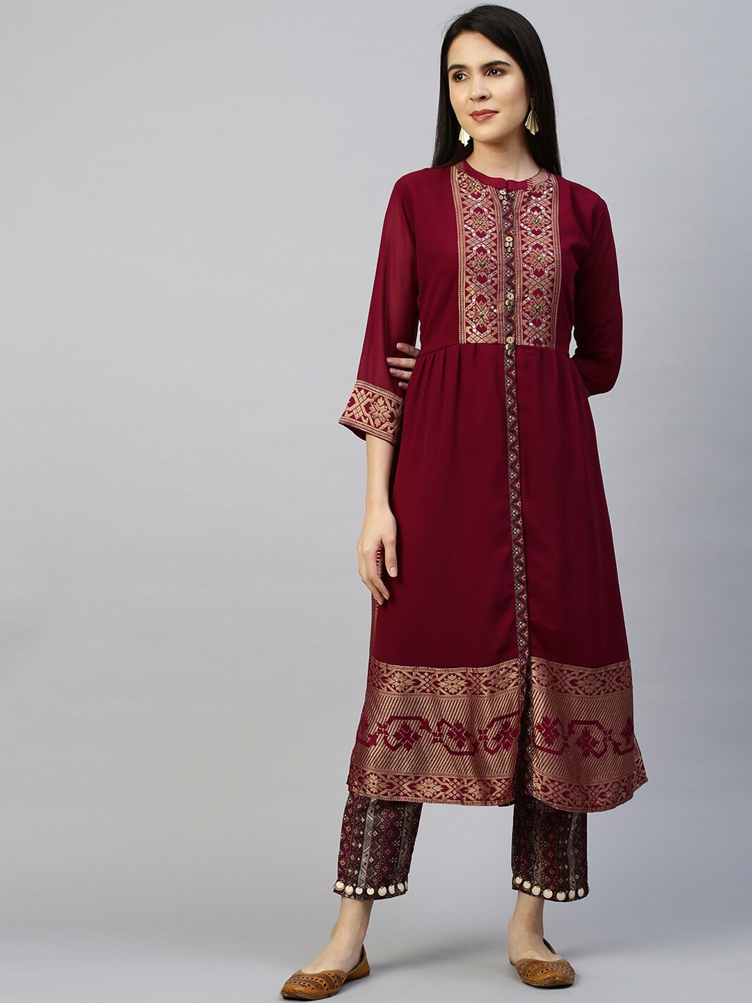 

FASHOR Women Maroon Floral Yoke Design Pleated Kurta with Trousers