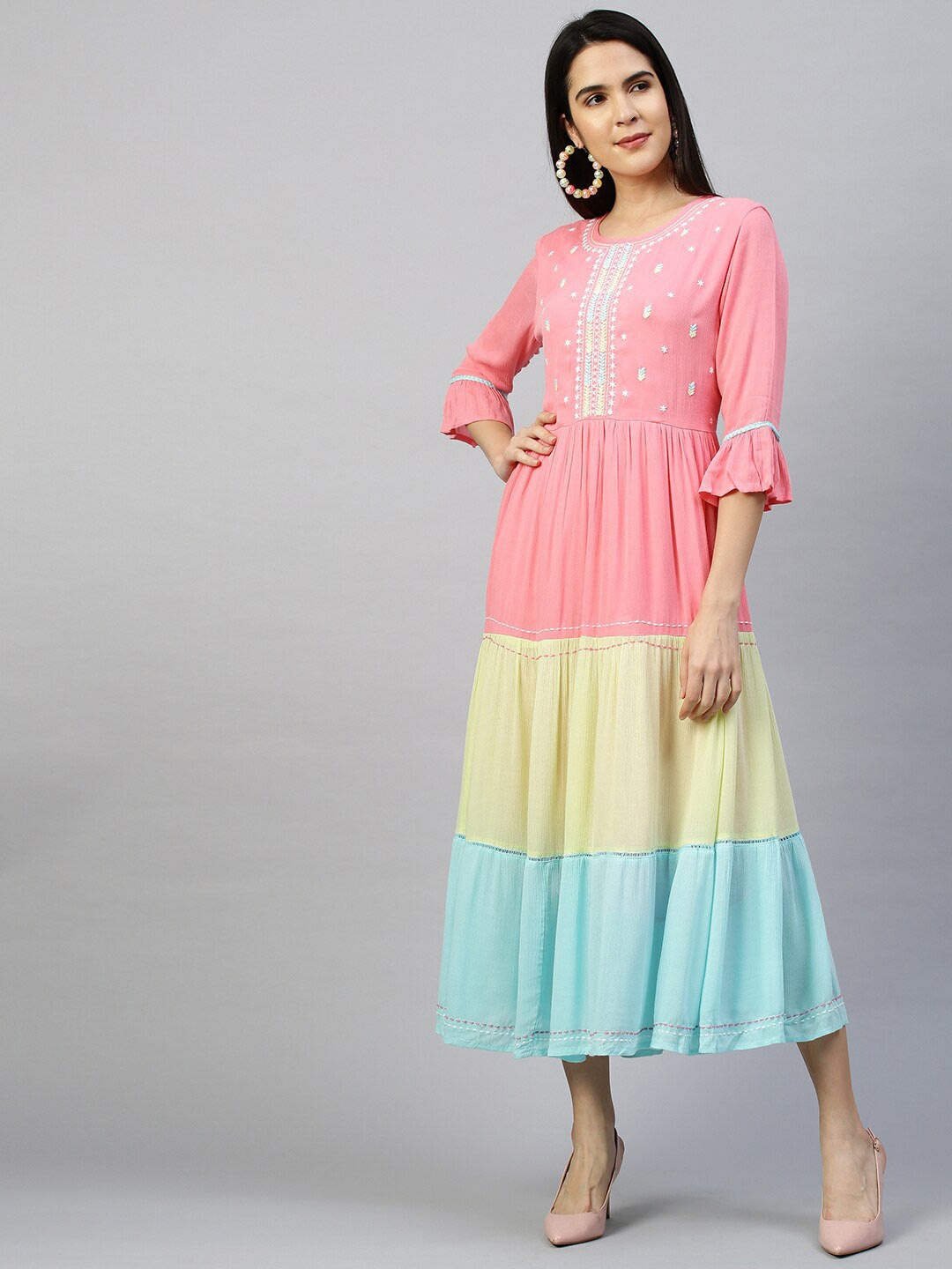 

FASHOR Multicoloured Ethnic Motifs Embroidered Crepe Ethnic Maxi Dress, Multi