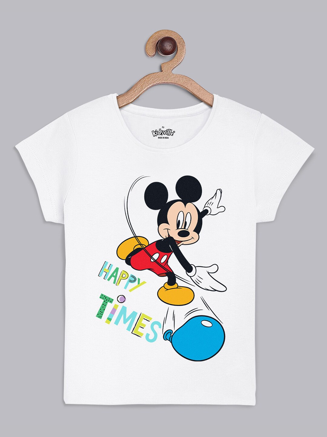 

Kids Ville Girls White Mickey Mouse Printed Holi T-shirt