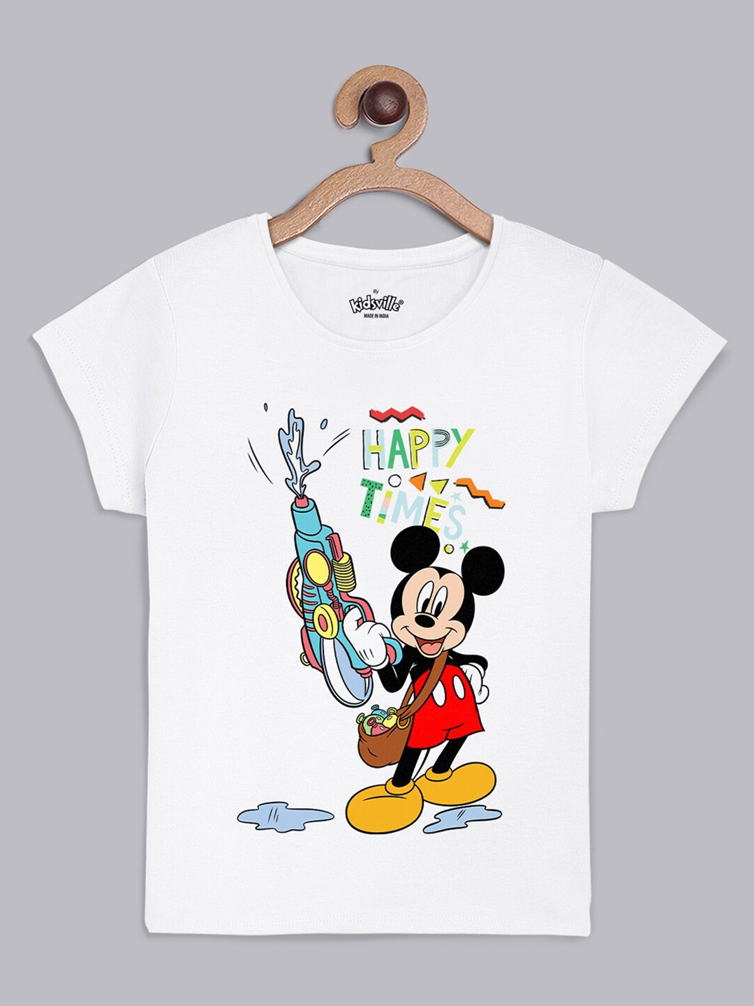 

Kids Ville Girls White Mickey Mouse Printed Holi Cotton T-shirt