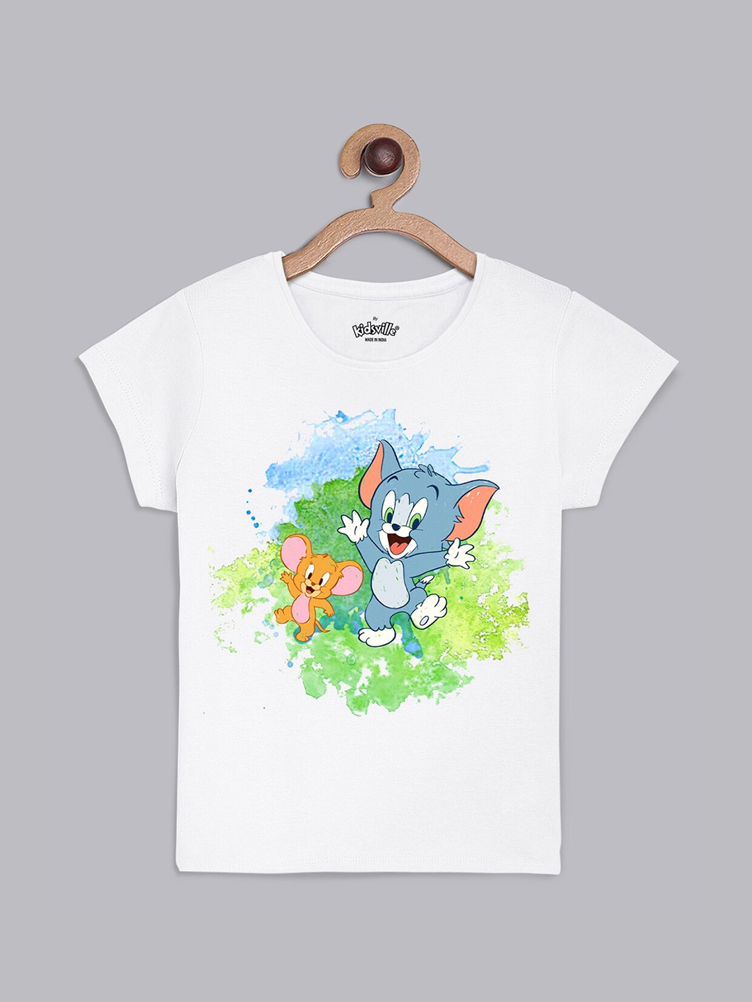 

Kids Ville Girls White & Blue Tom & Jerry Printed Holi Pure Cotton T-shirt