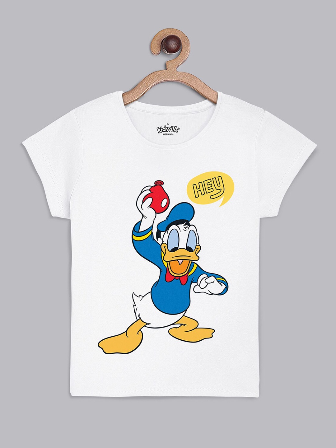 

Kids Ville Girls White & Blue Donald Duck Printed Holi Pure Cotton T-shirt