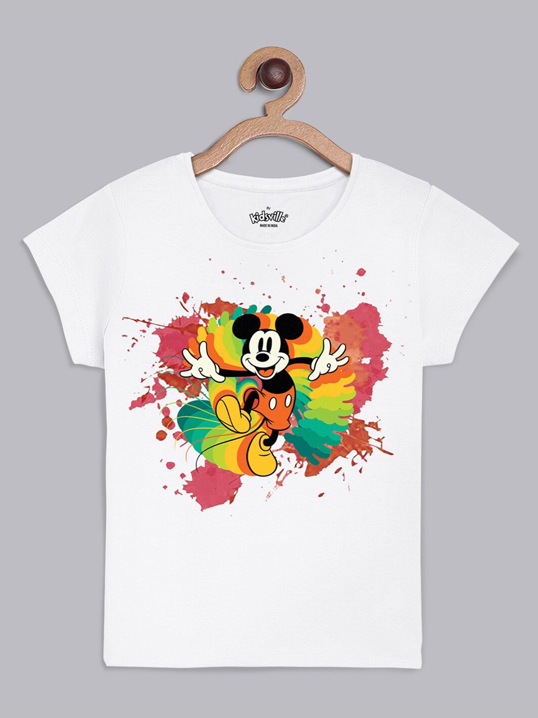

Kids Ville Girls White Mickey Mouse Printed Holi T-shirt