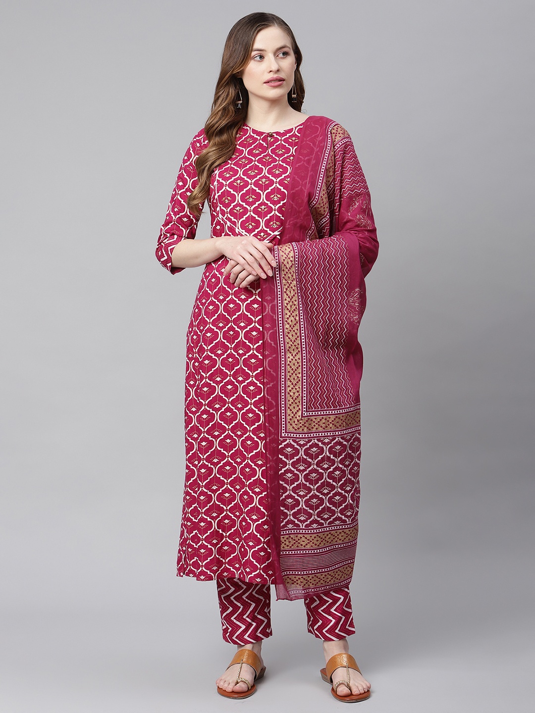 

Sringam Women Magenta Ethnic Motifs Printed Kurta with Palazzos & With Dupatta