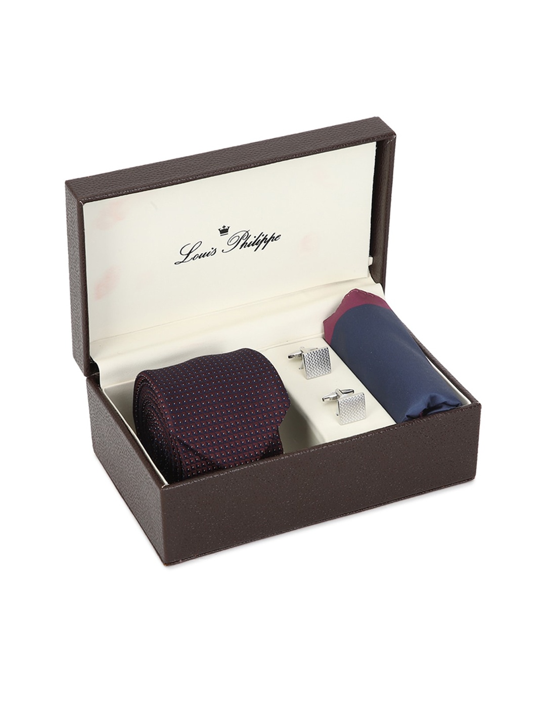 

Louis Philippe Men Burgundy & Navy Blue Tie Pocket Square & Cufflink Accessory Gift Set