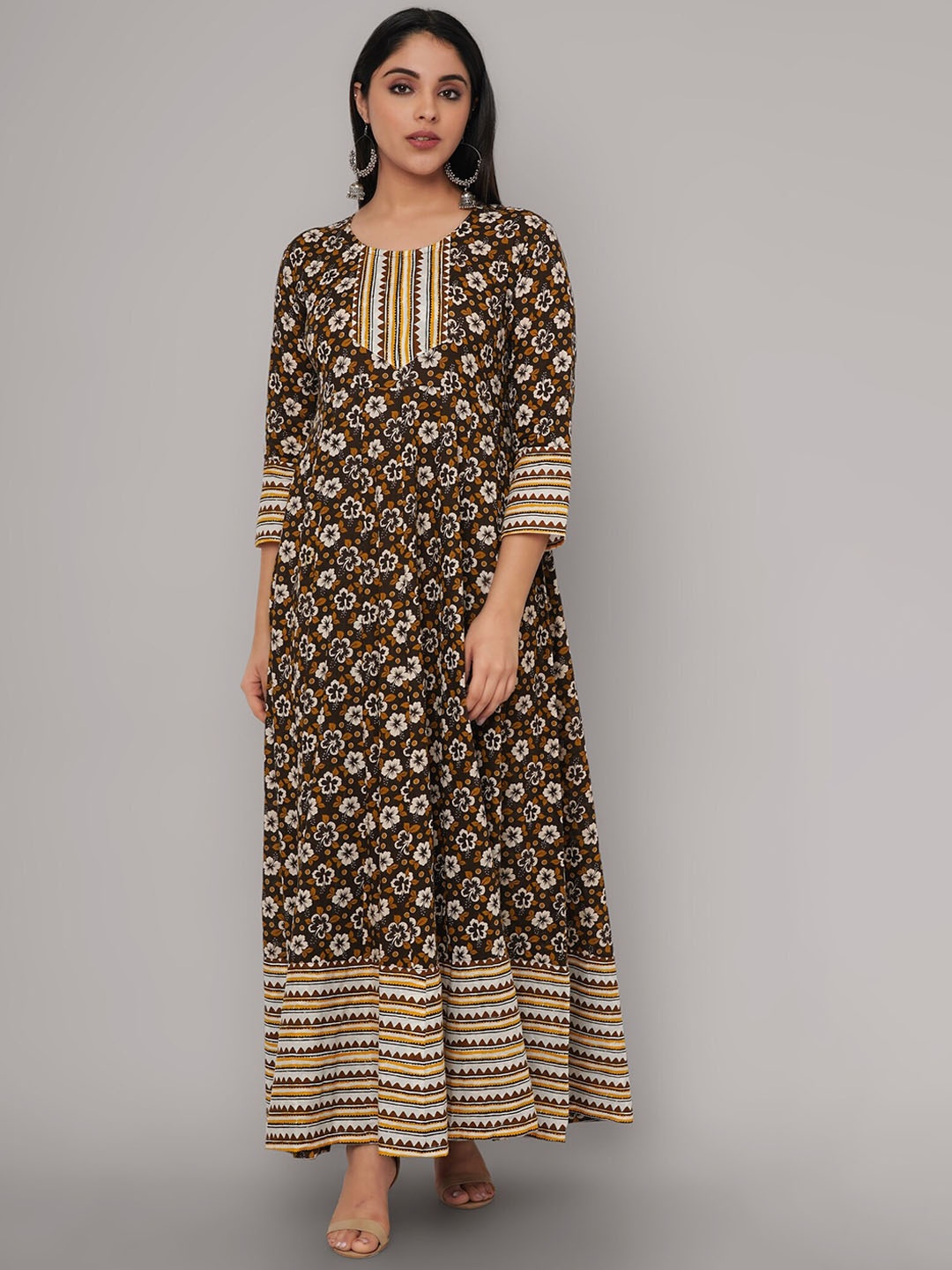 

Sanganeri Kurti Women Brown Ethnic Motifs Printed Floral Handloom Anarkali Kurta