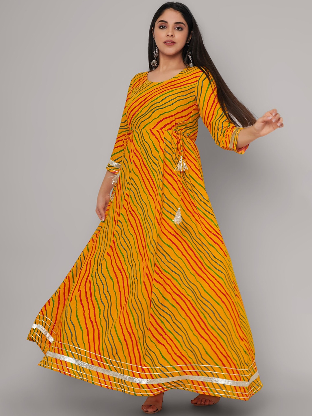 

Sanganeri Kurti Women Yellow & Red Leheriya Printed Gotta Patti Handloom Anarkali Kurta