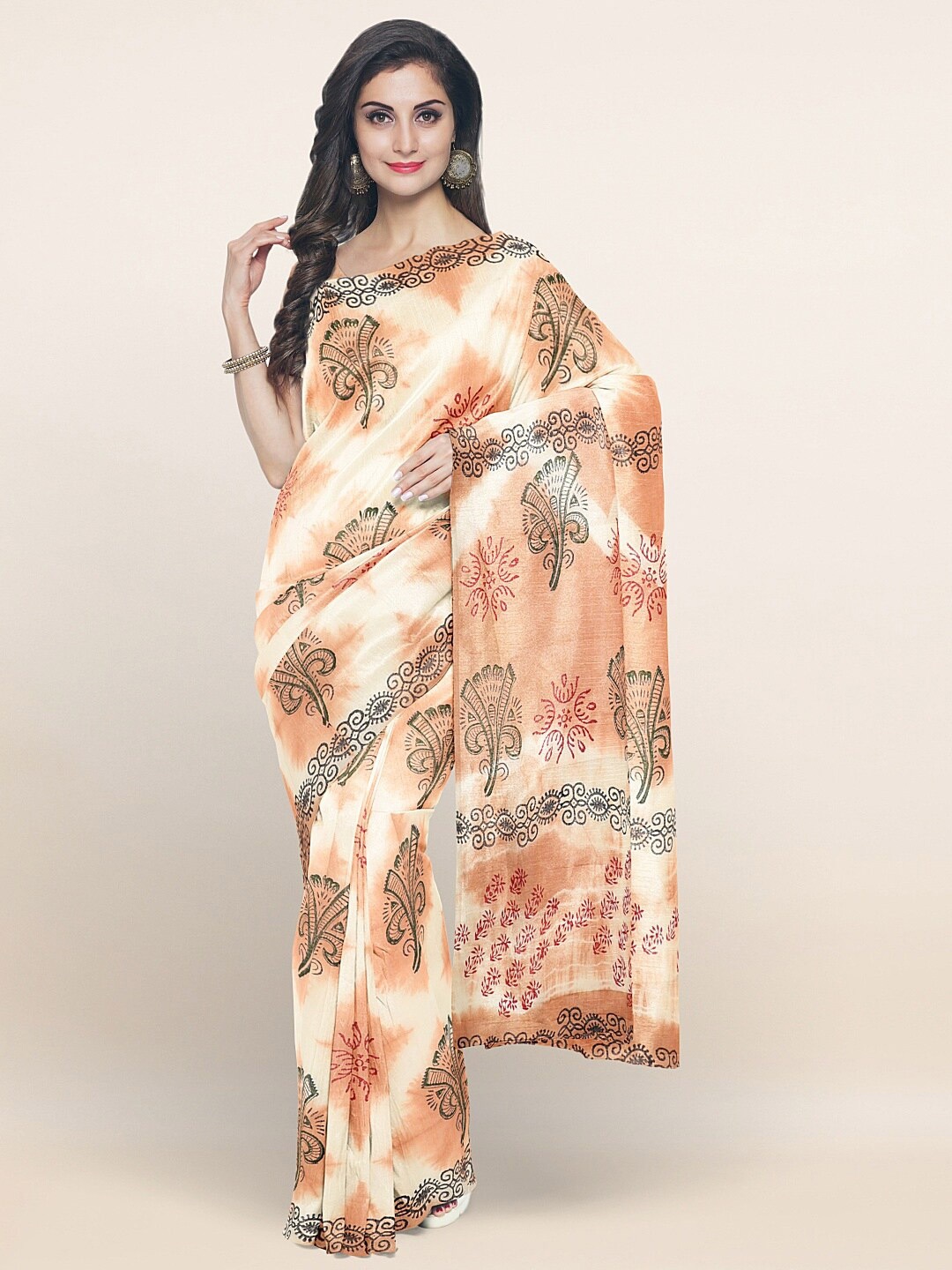 

Pothys Cream-Coloured & Rust Tie & Dye Pure Cotton Saree