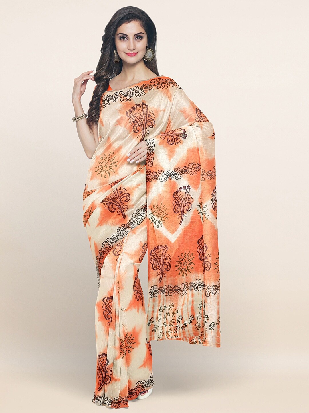 

Pothys Cream-Coloured & Orange Floral Printed Pure Cotton Saree