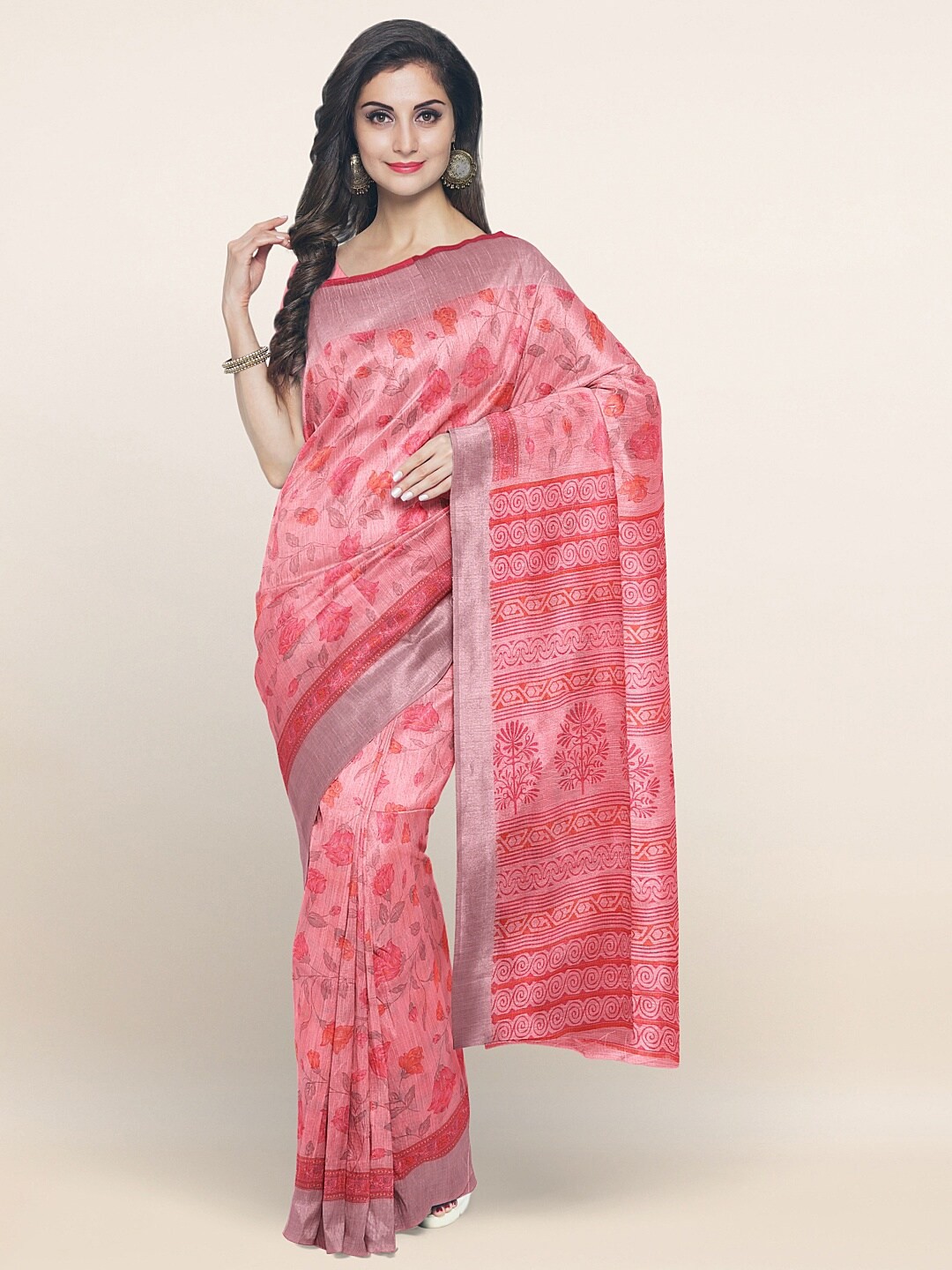 

Pothys Pink & Silver-Toned Floral Zari Cotton Blend Saree