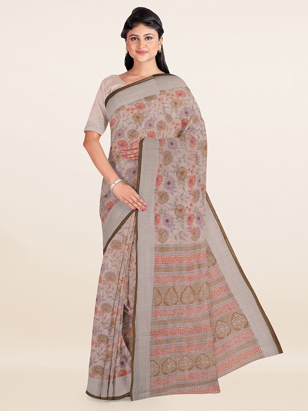 

Pothys Tan & Grey Floral Printed Saree