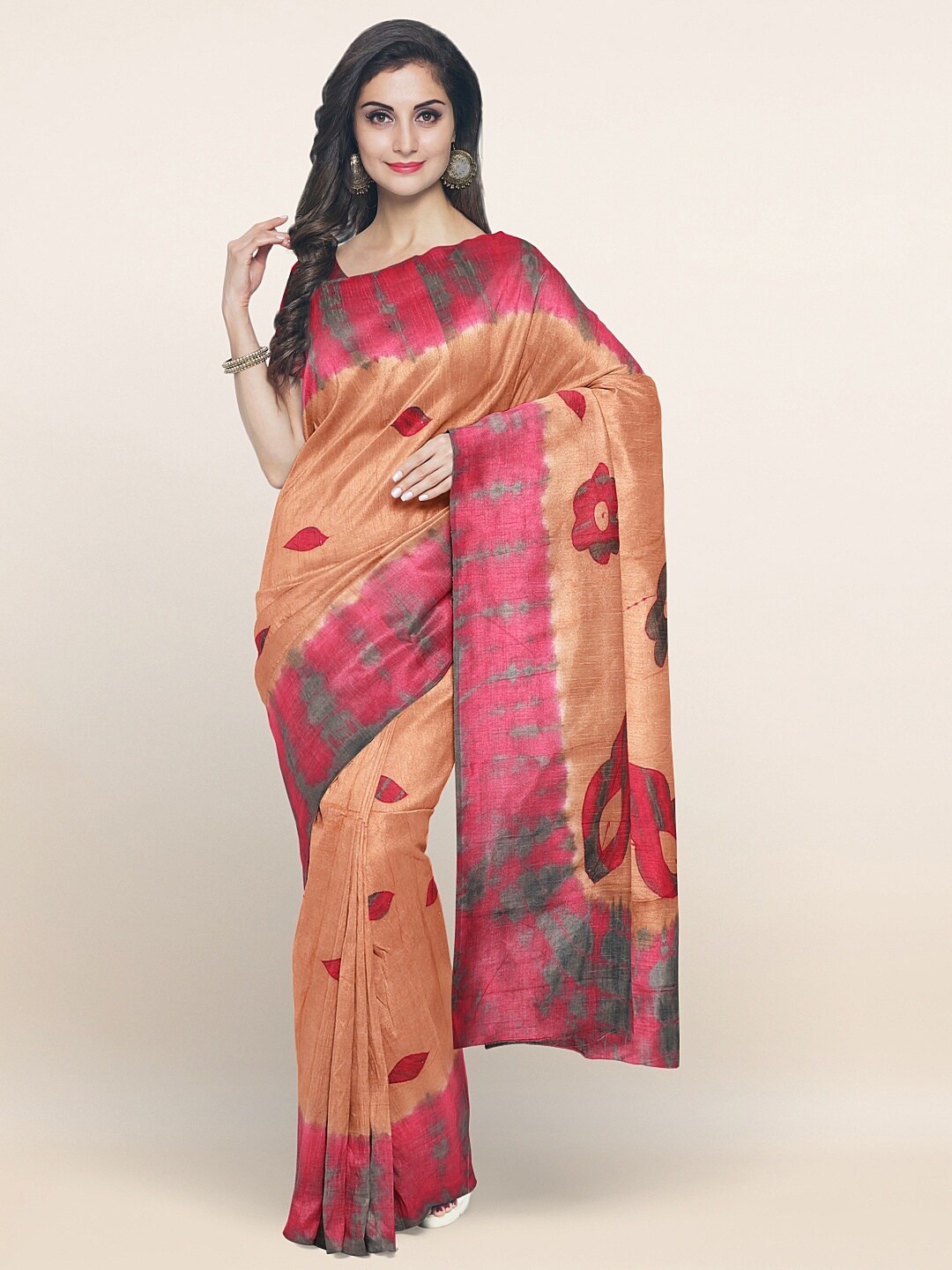 

Pothys Peach-Coloured & Red Floral Printed Pure Cotton Saree