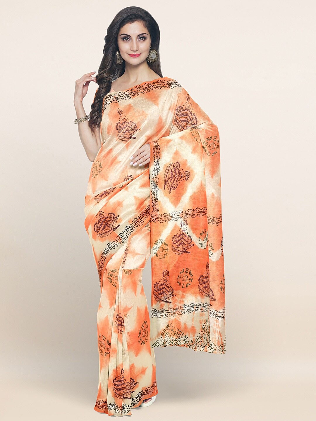 

Pothys Cream-Coloured & Orange Floral Pure Cotton Saree