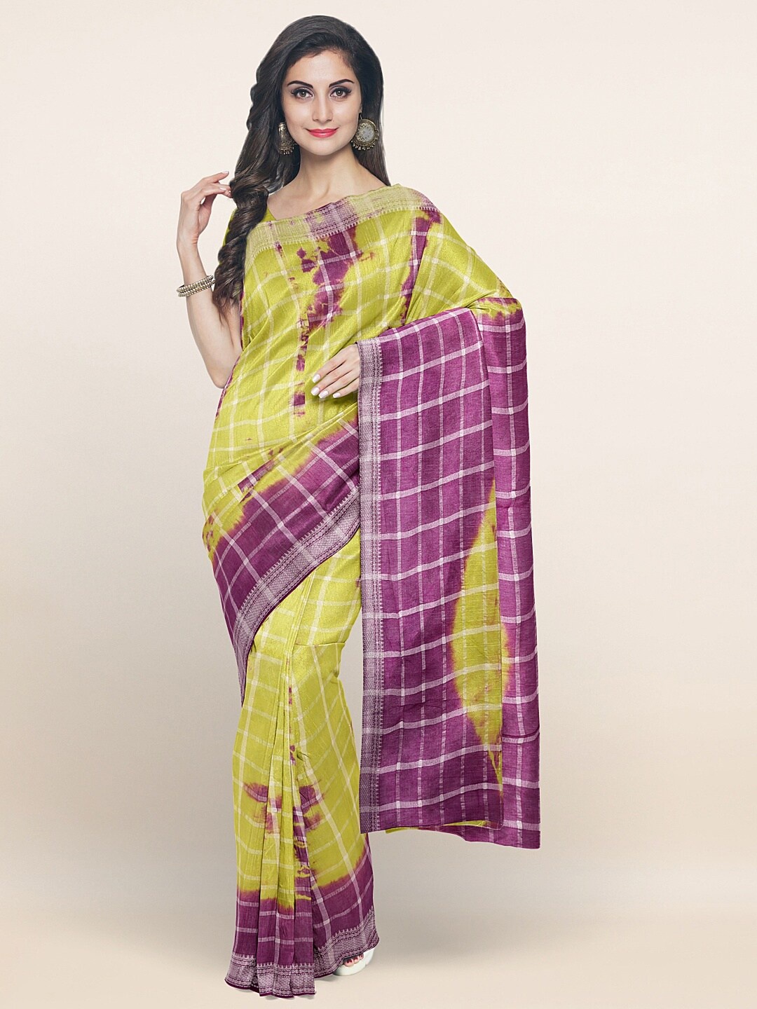 

Pothys Green & Purple Checked Dyed Pure Cotton Saree