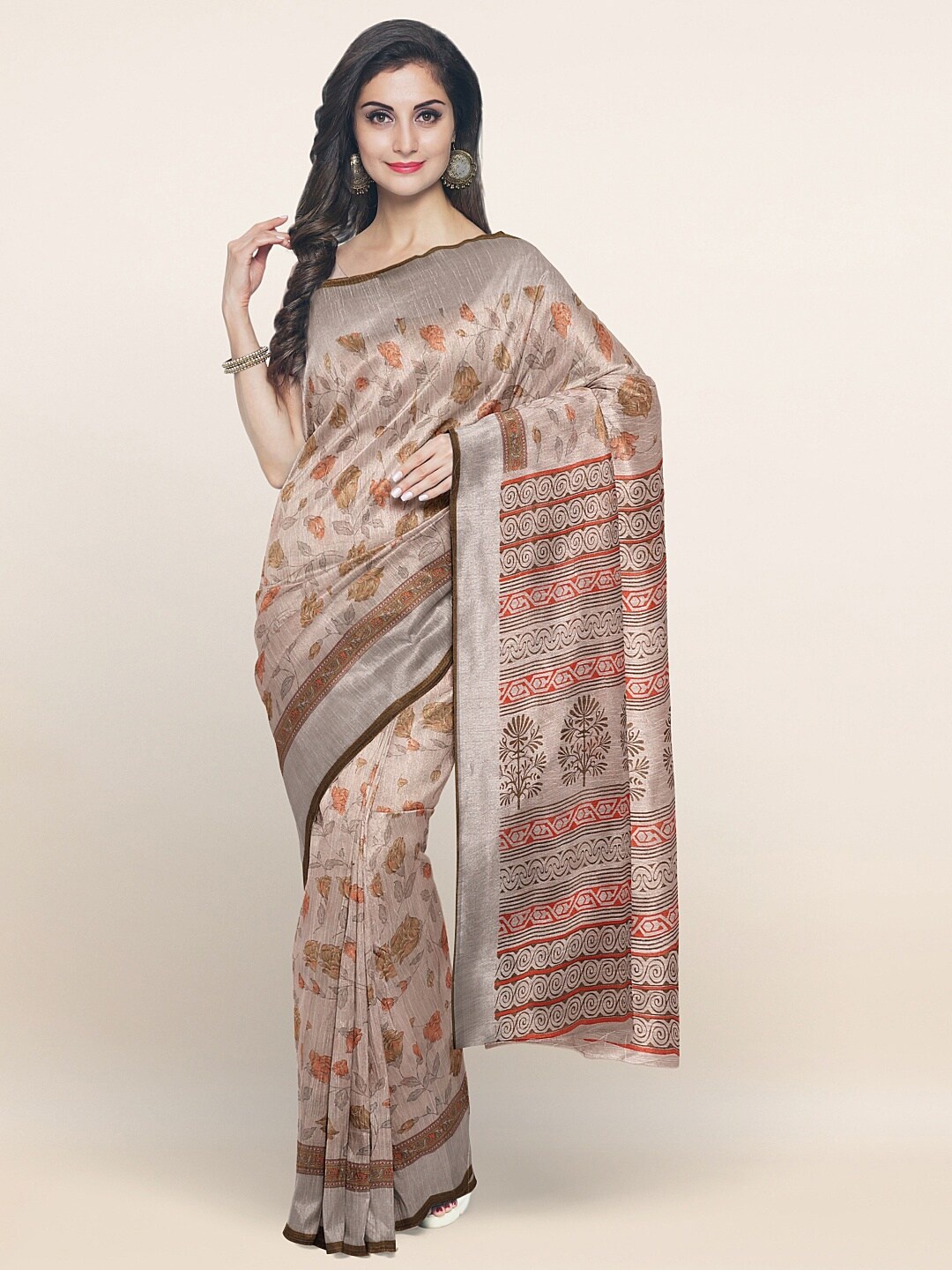 

Pothys Tan & Peach-Coloured Floral Zari Saree