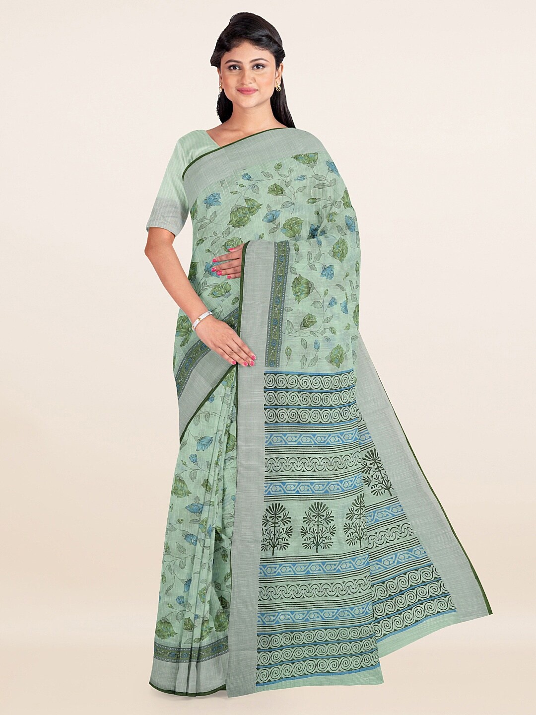 

Pothys Sage Green & Blue Floral Printed Cotton Blend Zari Saree