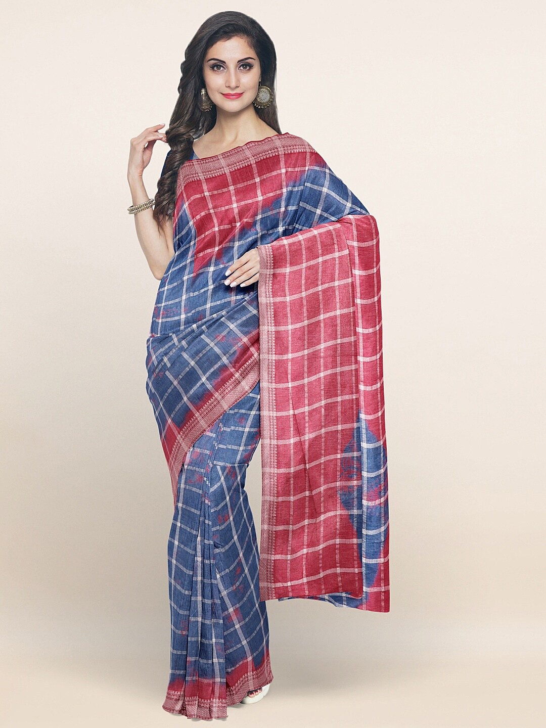 

Pothys Blue & Red Checked Pure Cotton Saree