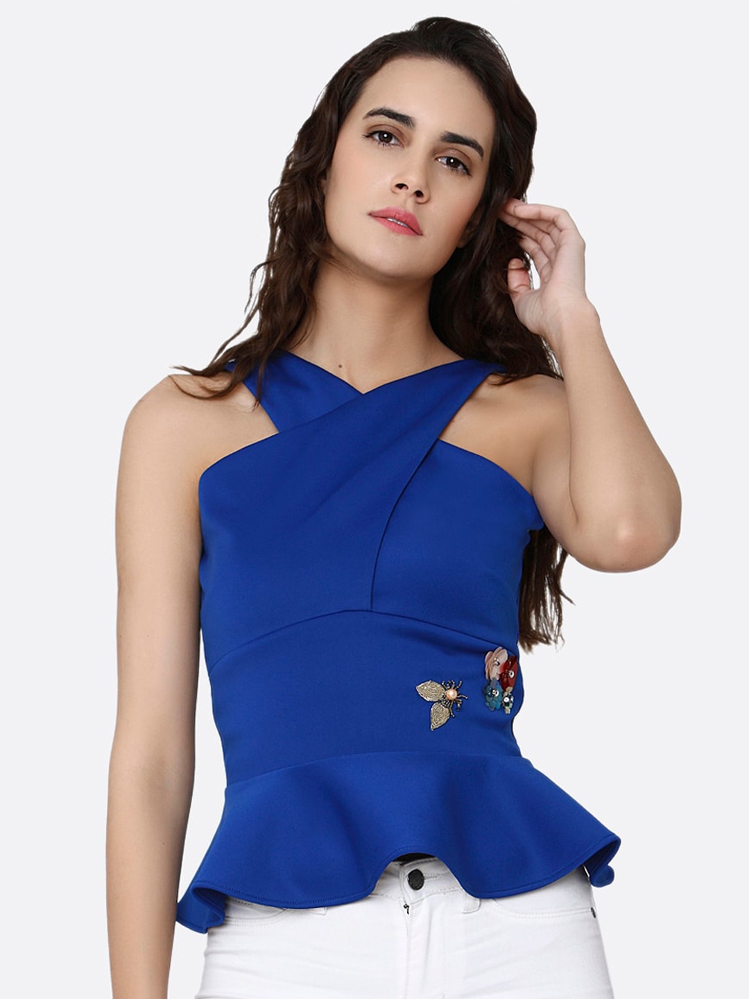 

aaliya Women Blue Solid Scuba Applique Peplum Top