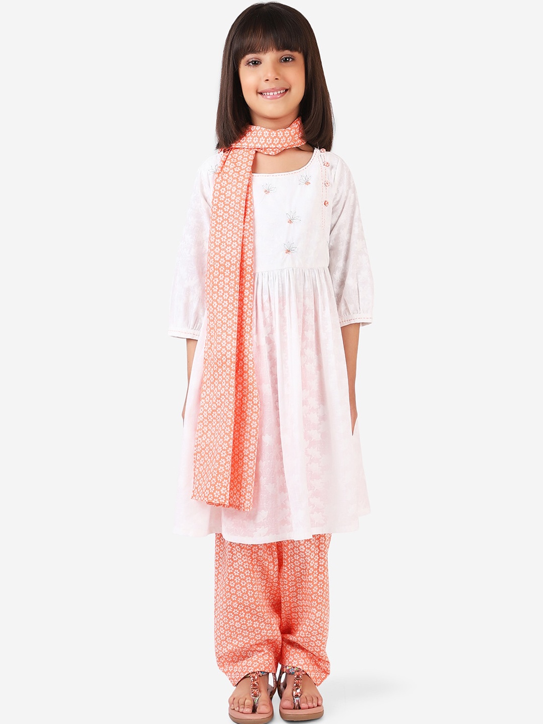 

Fabindia Girls Orange Yoke Design Pure Cotton Kurta with Churidar & With Dupatta