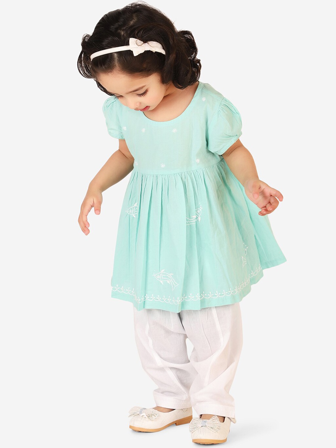 

Fabindia Girls Blue Floral Embroidered Pleated Pure Cotton Kurti with Dhoti Pants