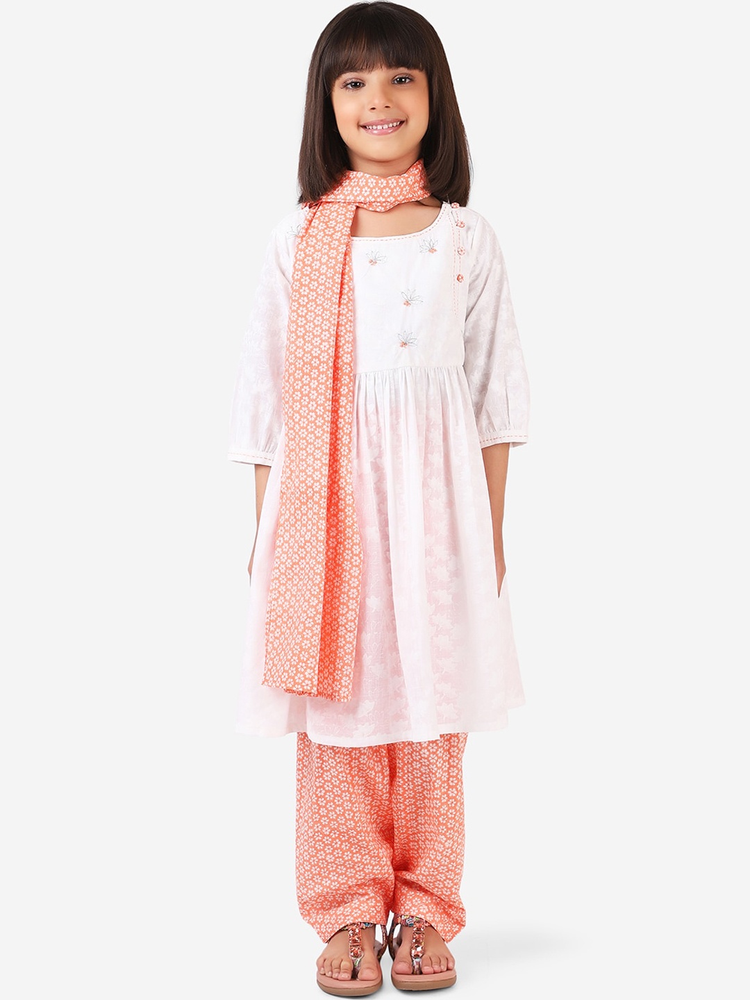 

Fabindia Girls Orange Yoke Design Pure Cotton Kurta with Churidar & With Dupatta