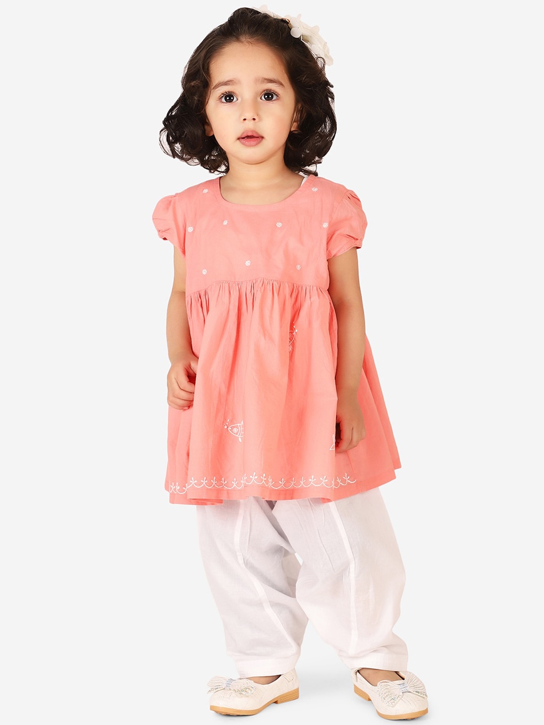 

Fabindia Girls Pink Embroidered Pleated Pure Cotton Kurta with Dhoti Pants