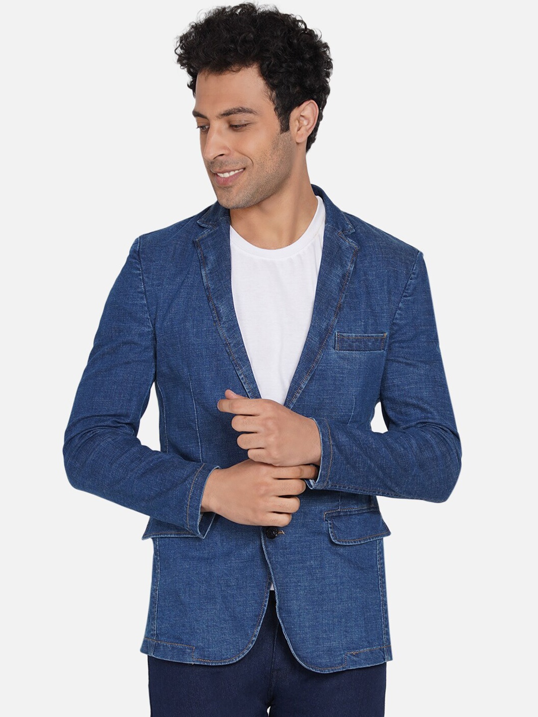 John Pride Men Blue Solid Single Breasted Denim Casual Blazer