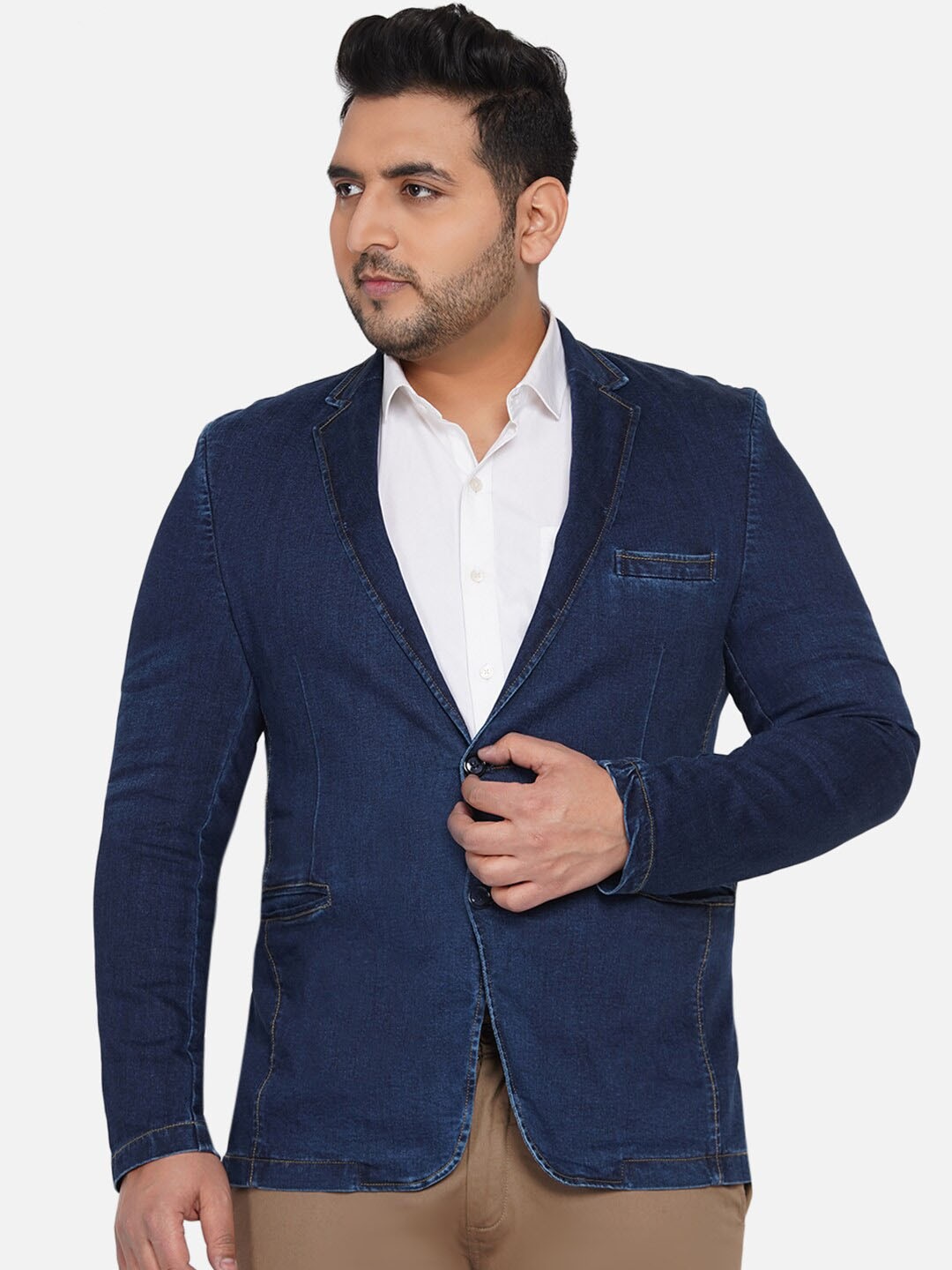 

John Pride Plus Size Men Blue Solid Single Breasted Denim Casual Blazer