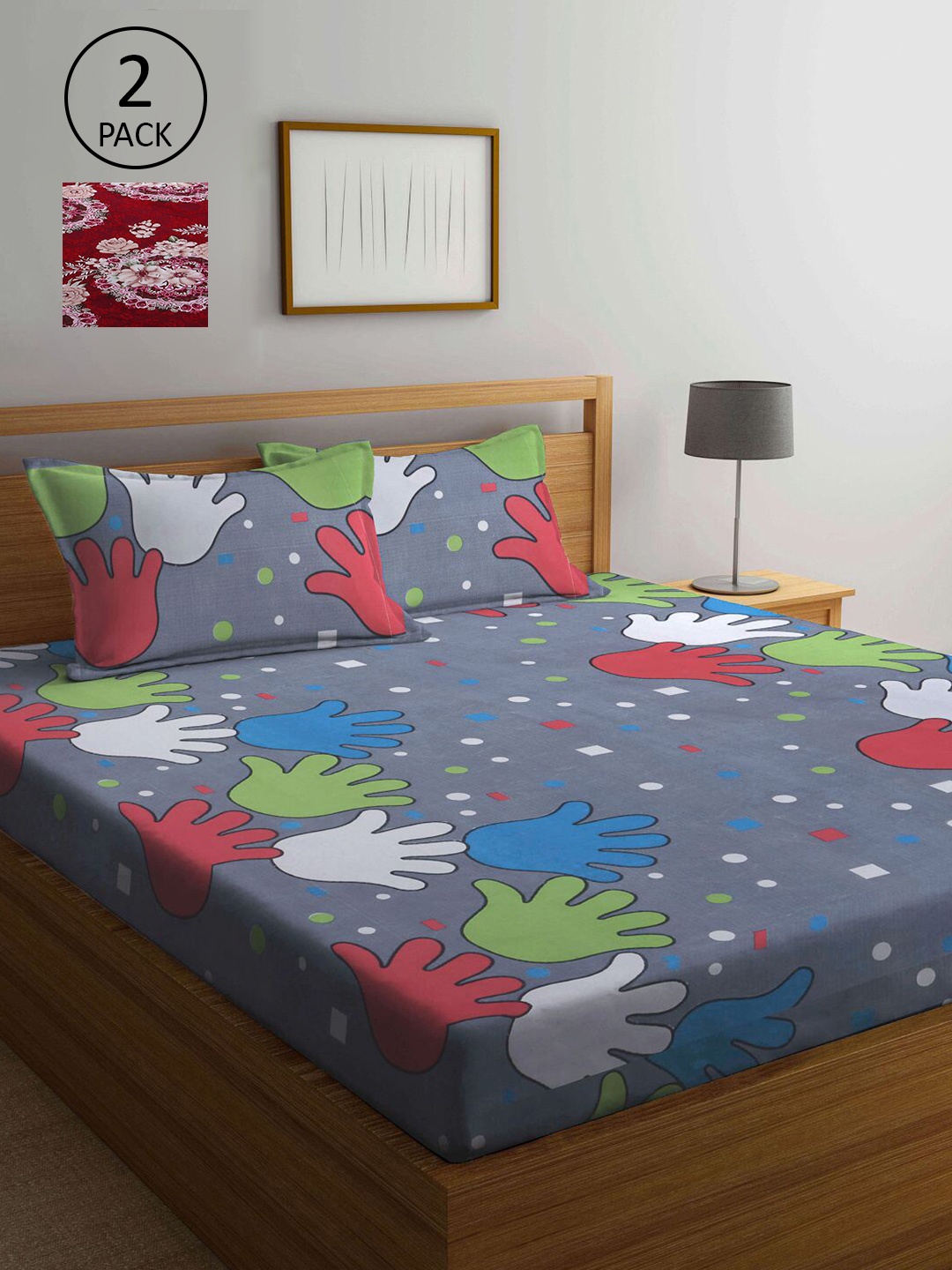 

KLOTTHE Grey & Red Graphic 210 TC 2 King Size Bedsheets With 4 Pillow Covers