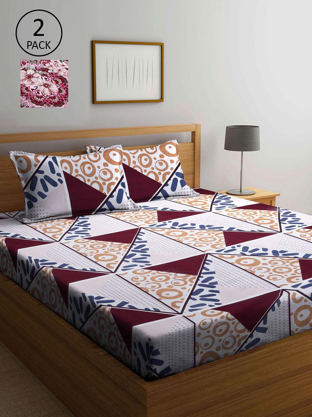 

KLOTTHE Pack Of 2 Red & Pink Geometric 210 TC Double Bedsheet With 4 Pillow Covers