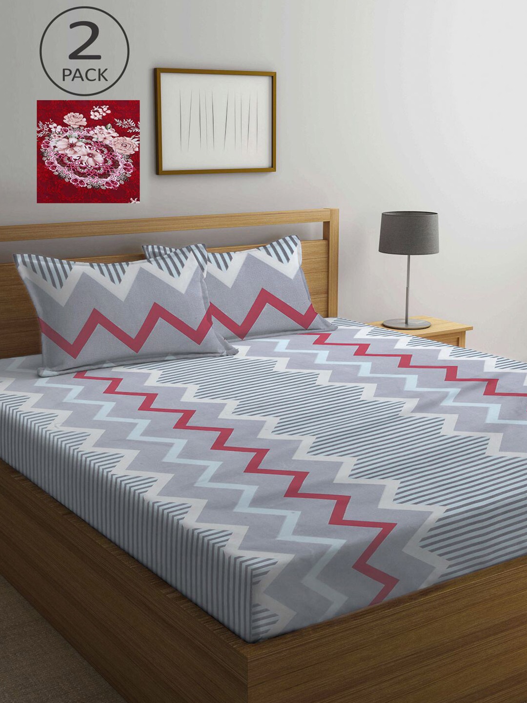 

KLOTTHE Grey & Maroon Geometric 210 TC 2 King Bedsheet with 4 Pillow Covers